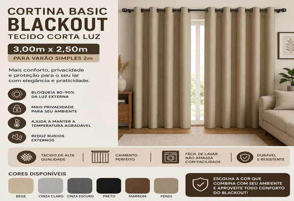 Cortina Basic Blackout Tecido Corta Luz 6,00x2,70m para Trilho Suiço 5m