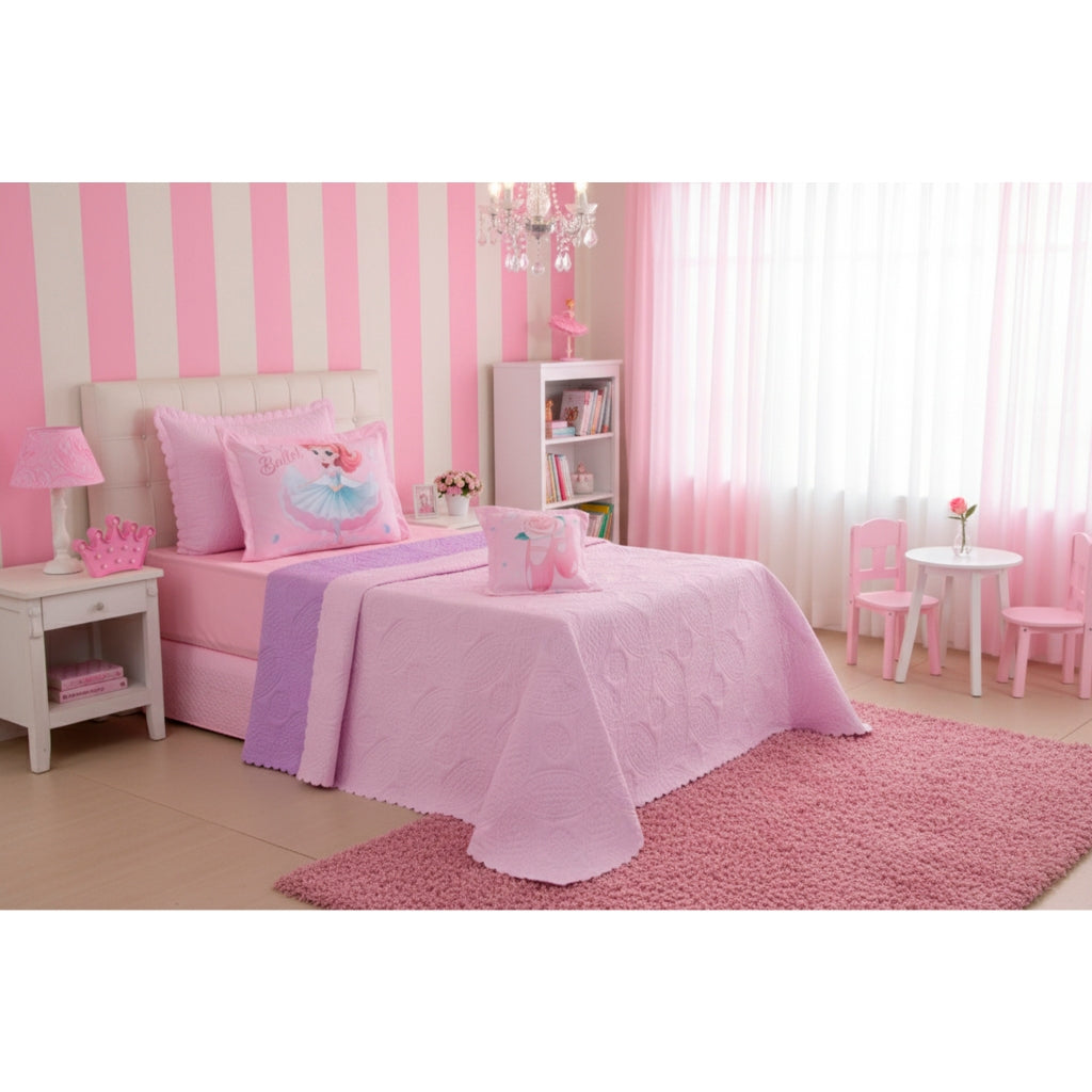 Kit 3 Pçs Cobre Leito Colcha Solteiro Infantil e Juvenil Divina Bailarina Dupla Face Matelassado e Estampa Digital