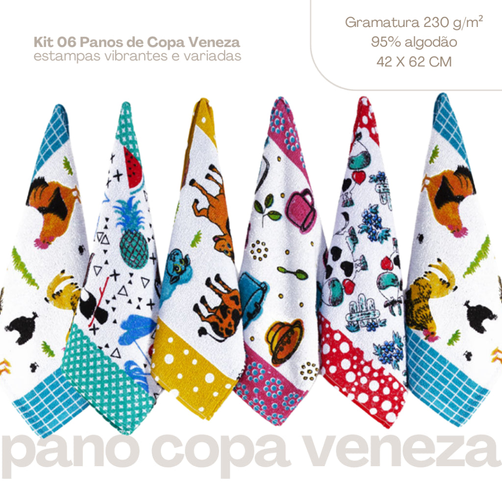 Kit 6 Pçs Pano de Copa Prato para Cozinha Venezaa Estampado