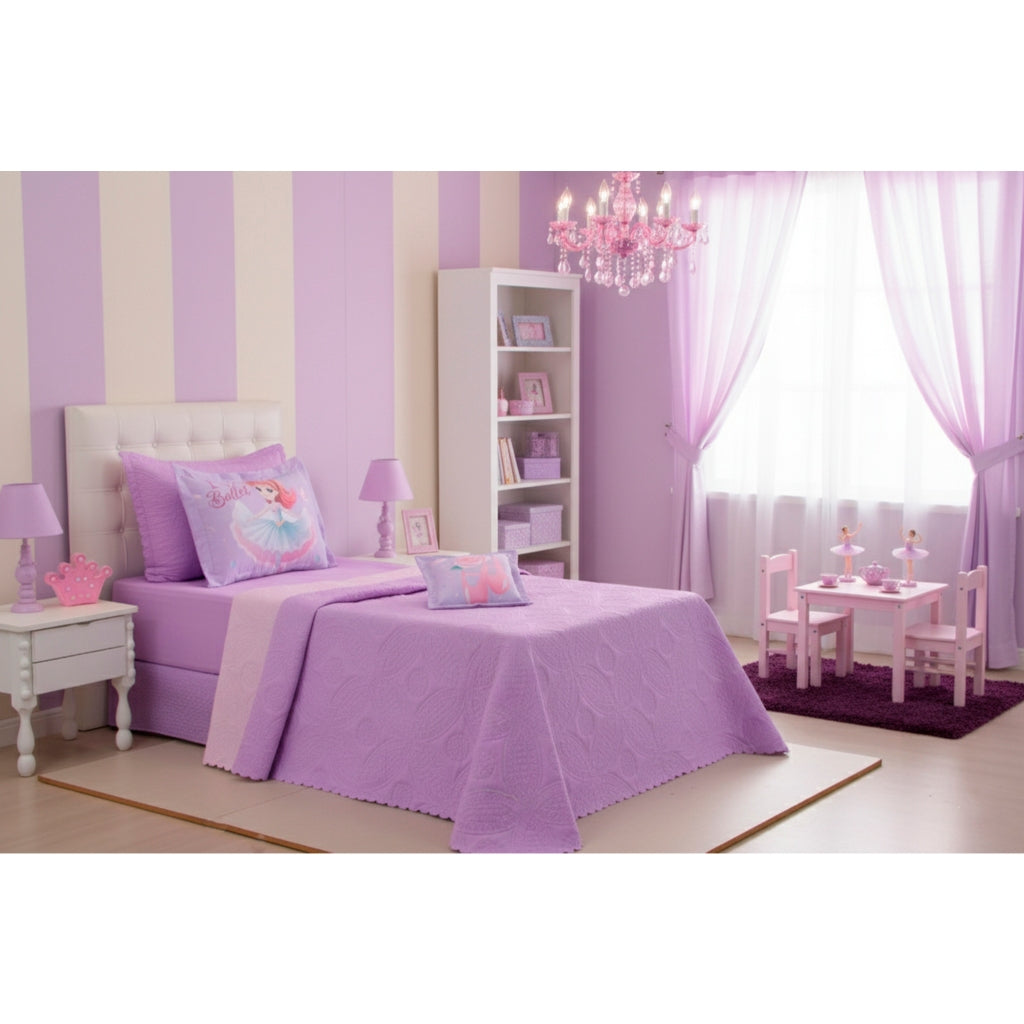 Kit 3 Pçs Cobre Leito Colcha Solteiro Infantil e Juvenil Divina Bailarina Dupla Face Matelassado e Estampa Digital