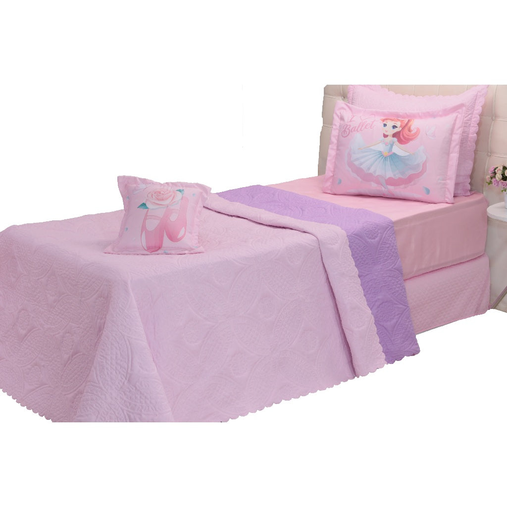 Kit 3 Pçs Cobre Leito Colcha Solteiro Infantil e Juvenil Divina Bailarina Dupla Face Matelassado e Estampa Digital