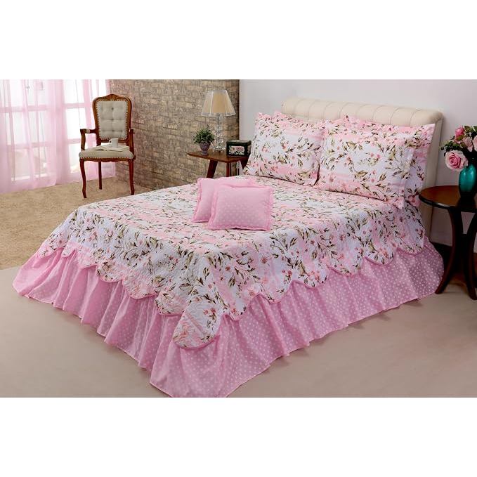 Kit 5 Pçs Cobre Leito Colcha Casal Queen Belize com Babados (Rosa Lírio)