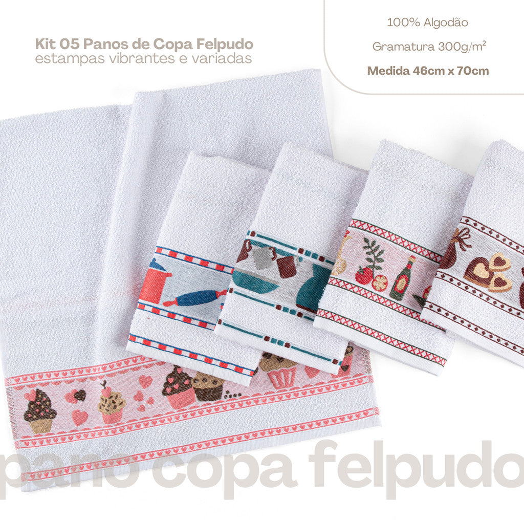 Kit 5 Pçs Pano de Copa Prato para Cozinha Felpudo com Barrado Estampado Sortido 46cm x 70cm Gramatura 300g/m²