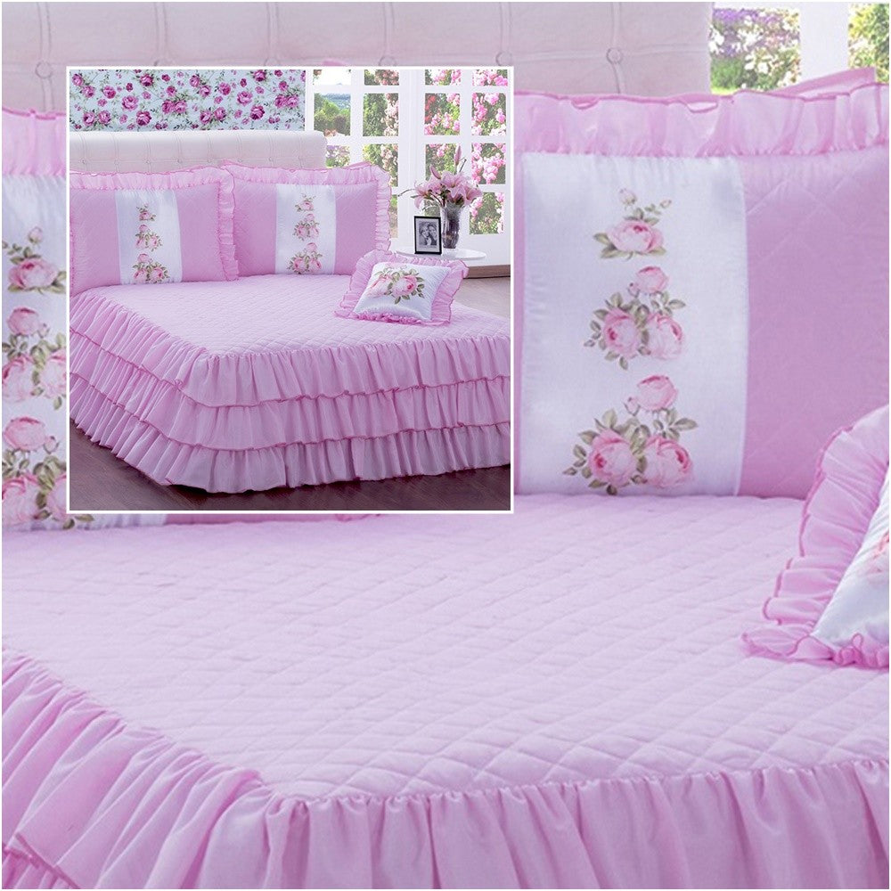 Kit 4 Pçs Cobre Leito Colcha Casal Padrão Sofia com Babados Rosa