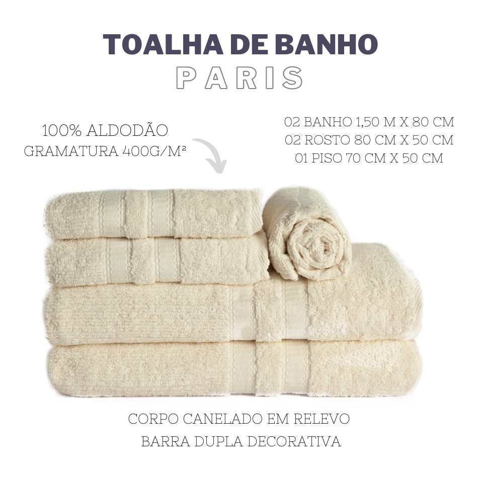 Jogo de Toalha Completo 5 Pçs de Banho, Rosto e Piso Paris Branco