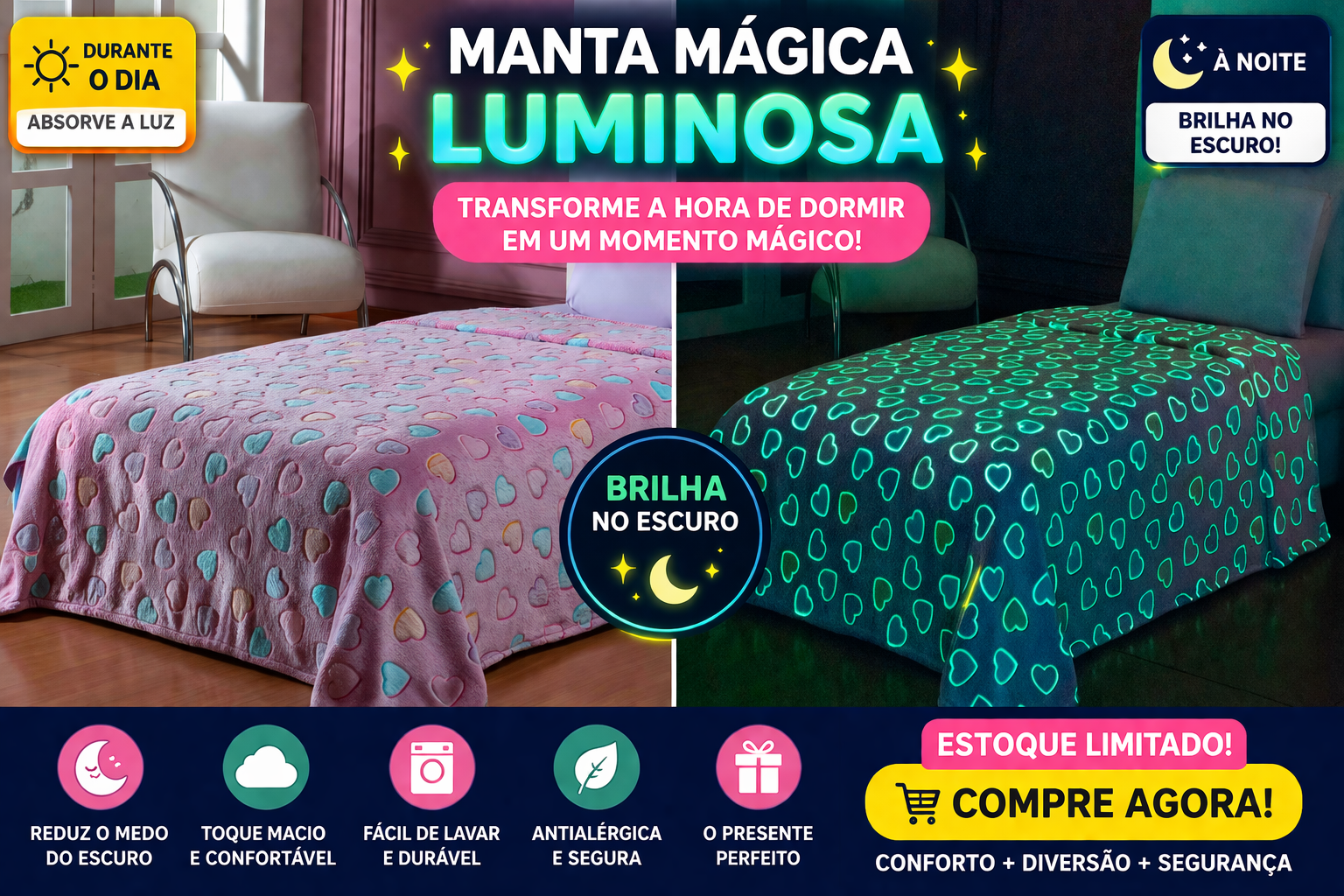 Manta Shine Mágica Fluorescente Solteiro 1,50m x 2,20m – Luminosa que Brilha no Escuro Infantil