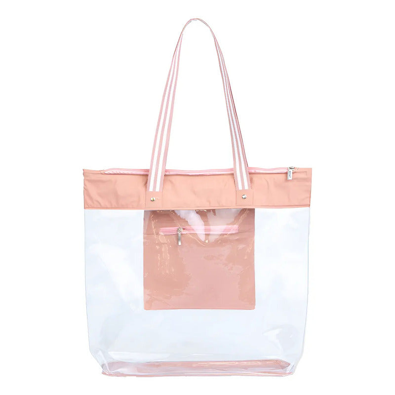 Bolsa Sacola De Praia Transparente Zíper  Cor Rose Rose Liso Níquel Padrão