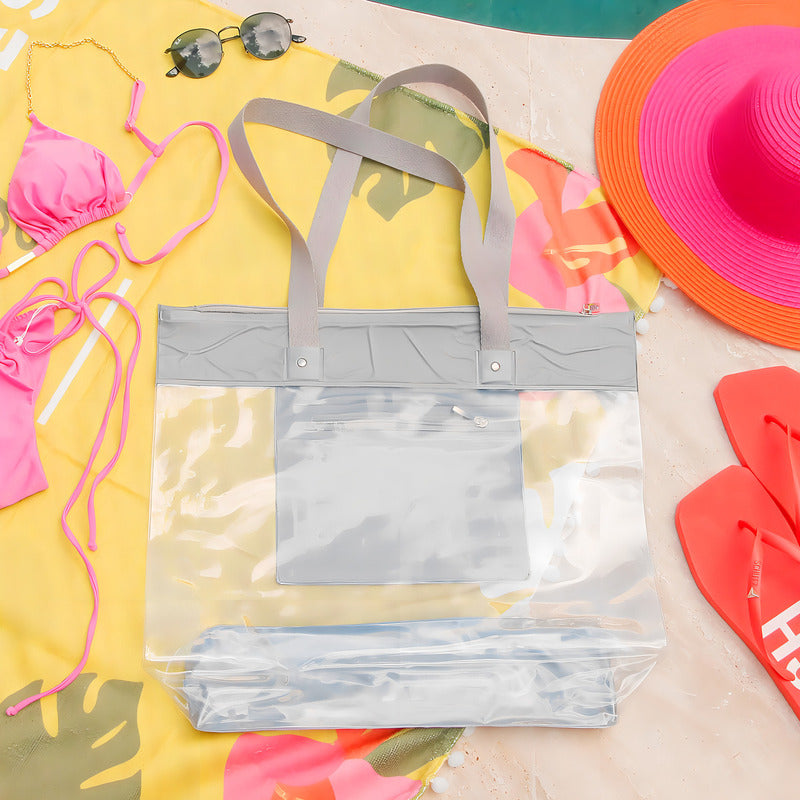 Bolsa Sacola De Praia Piscina Impermeável Transparente Zíper Acambamento Dos Ferragens Níquel Cor Cinza Correia De Ombro Padrão Desenho Do Tecido Liso