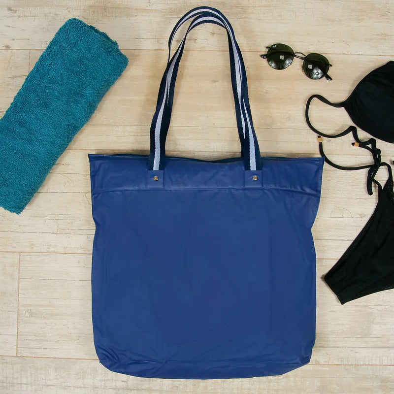 Bolsa Praia Impermeável Azul Com Zíper E Bolso Interno Pvc Dobrável Azul Listra Liso Padrão