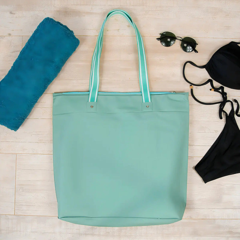 Bolsa Sacola De Praia Impermeável Resistente Bolso Interno Cor Verde Desenho Do Tecido Lisa Liso Azul-turquesa