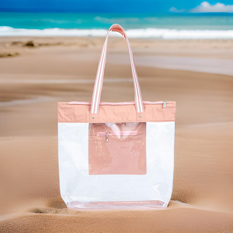 Bolsa Sacola De Praia Transparente Zíper  Cor Rose Rose Liso Níquel Padrão