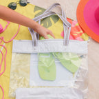 Bolsa Sacola De Praia Piscina Impermeável Transparente Zíper Cor Branco Listra Correia De Ombro Padrão Desenho Do Tecido Liso Níquel