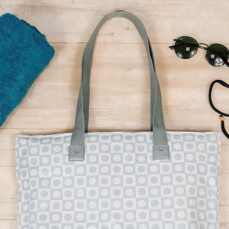 Bolsa Sacola De Praia Impermeável Resistente Bolso Interno Cor Chess Cinza Desenho Do Tecido Estampada