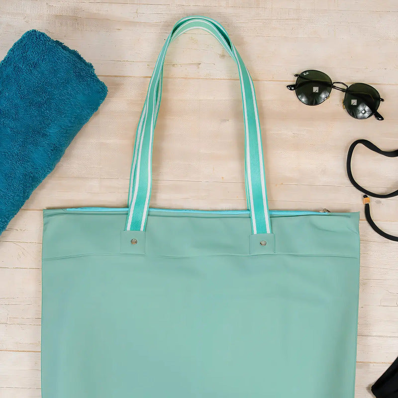 Bolsa Sacola De Praia Impermeável Resistente Bolso Interno Cor Verde Desenho Do Tecido Lisa Liso Azul-turquesa