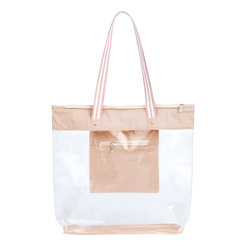 Bolsa Sacola De Praia Piscina Impermeável Transparente Zíper Cor Nude Listra Correia De Ombro Padrão Desenho Do Tecido Liso Níquel