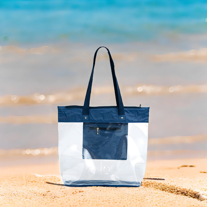 Bolsa Sacola De Praia Piscina Impermeável Transparente Zíper Acambamento Dos Ferragens Níquel Cor Azul-marinho Correia De Ombro Padrão Desenho Do Tecido Liso