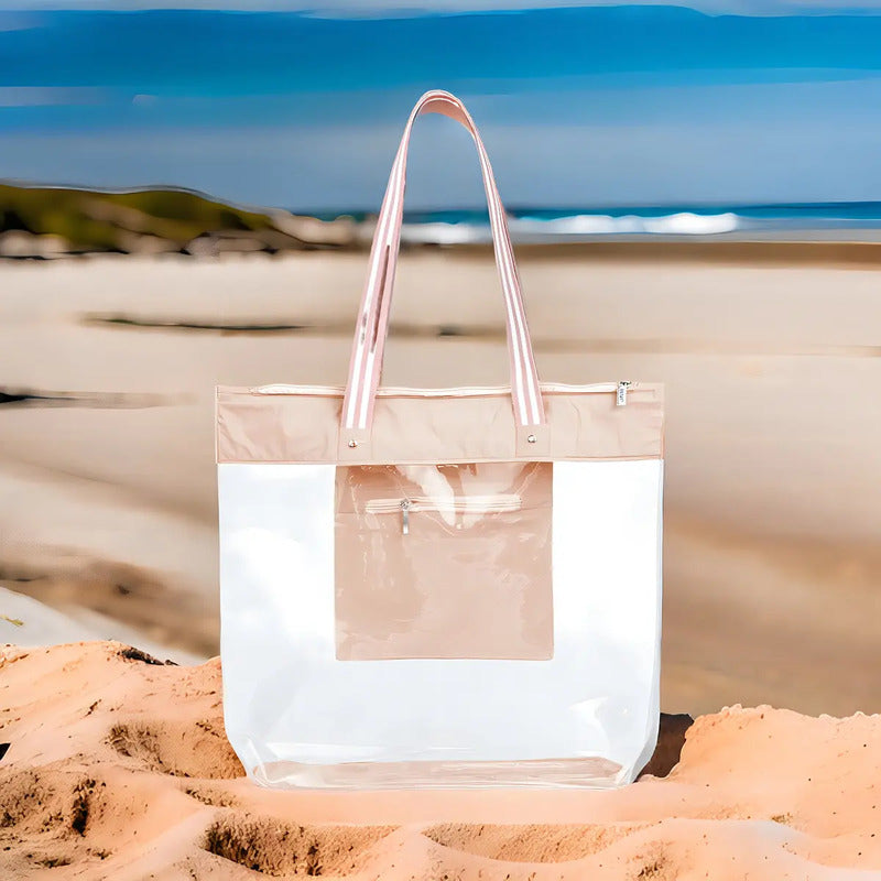 Bolsa Sacola De Praia Cor Nude Listra Correia De Ombro Nude Listra Liso Níquel Padrão