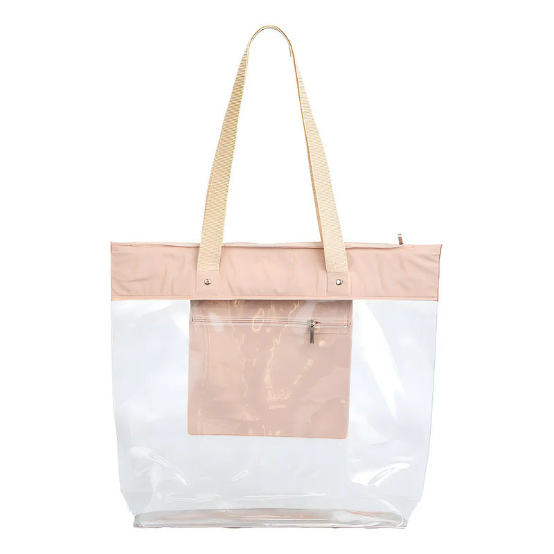 Bolsa Sacola De Praia Piscina Impermeável Transparente Zíper Acambamento Dos Ferragens Níquel Cor Nude Correia De Ombro Padrão Desenho Do Tecido Liso