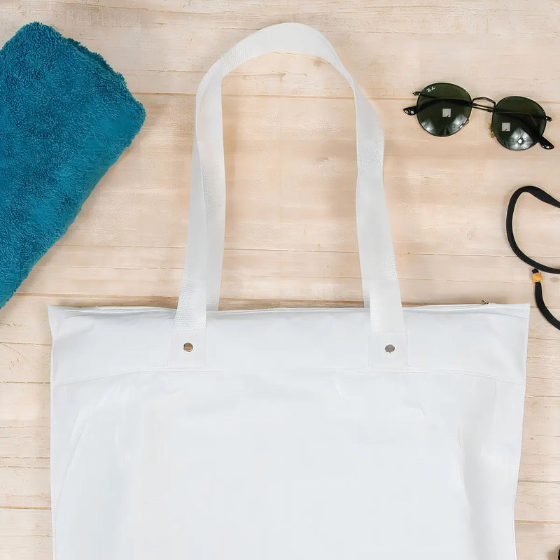Sacola Bolsa De Praia Impermeável Com Zíper E Bolso Interno Branco Liso Padrão