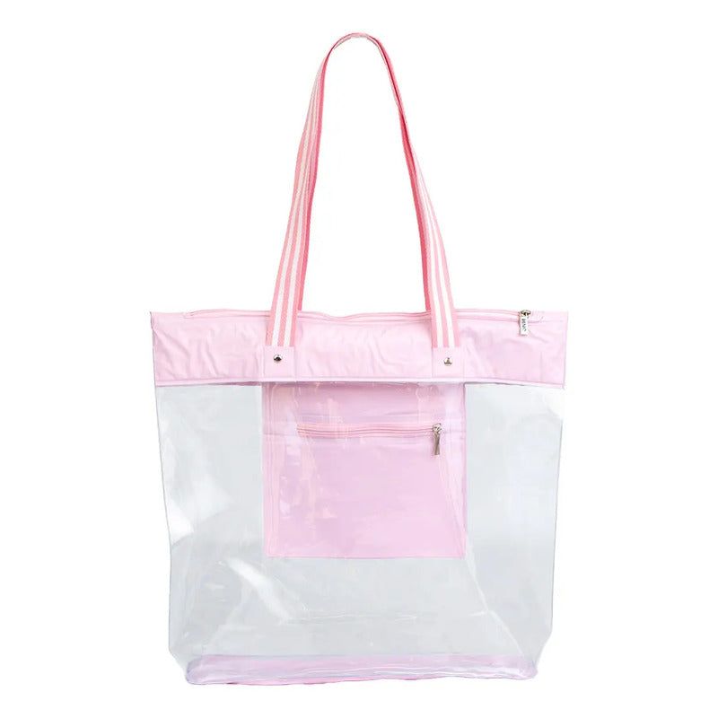 Bolsa Impermeável Rosa Beniq Pvc Zíper Alças Duplas Praia Rosa Liso Níquel Padrão