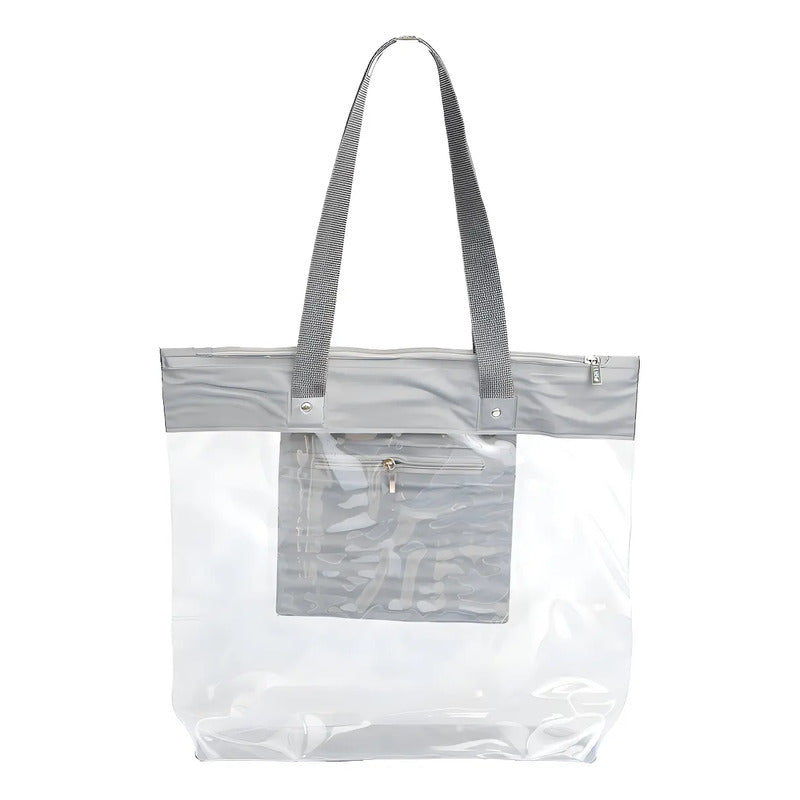 Bolsa Praia Impermeável Transparente Zíper Cinza Liso Níquel Padrão
