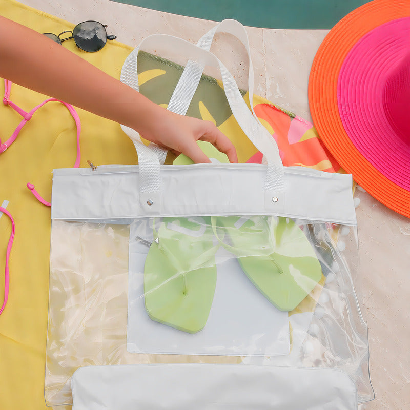 Bolsa Sacola De Praia Piscina Impermeável Transparente Branco Liso Níquel Padrão