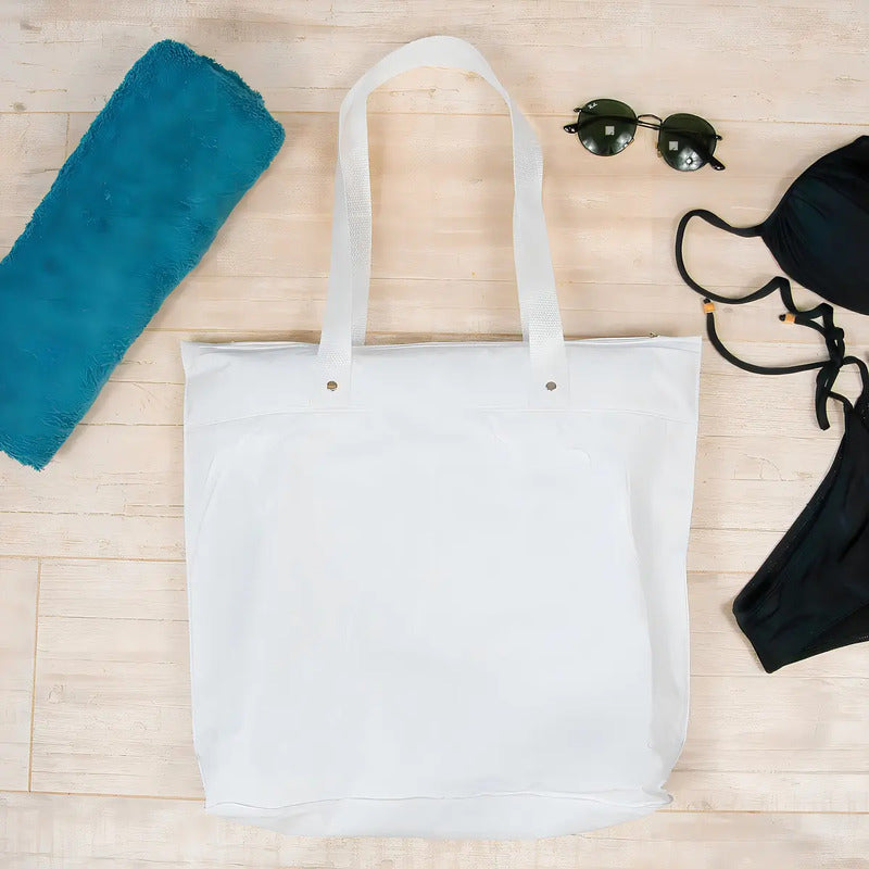 Sacola Bolsa De Praia Impermeável Com Zíper E Bolso Interno Branco Liso Padrão