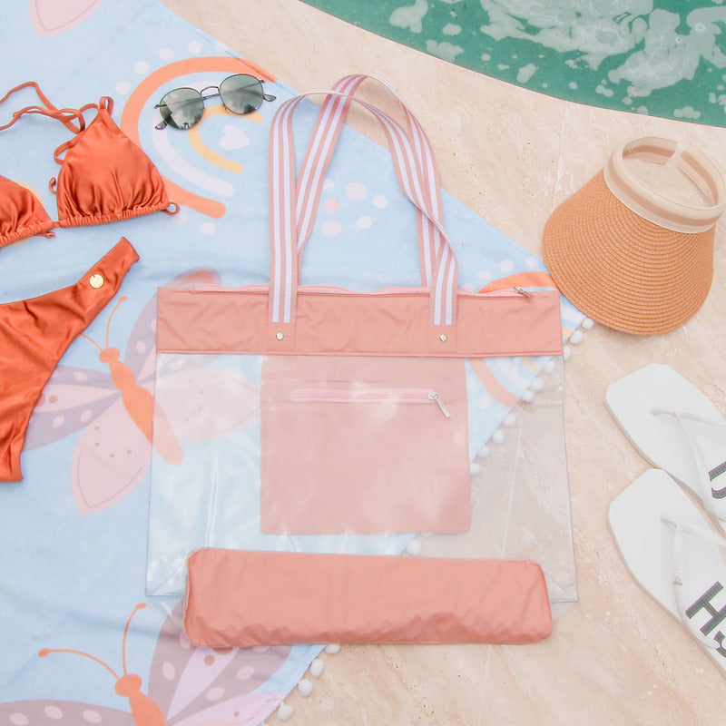 Bolsa Sacola De Praia Transparente Zíper  Cor Rose Rose Liso Níquel Padrão