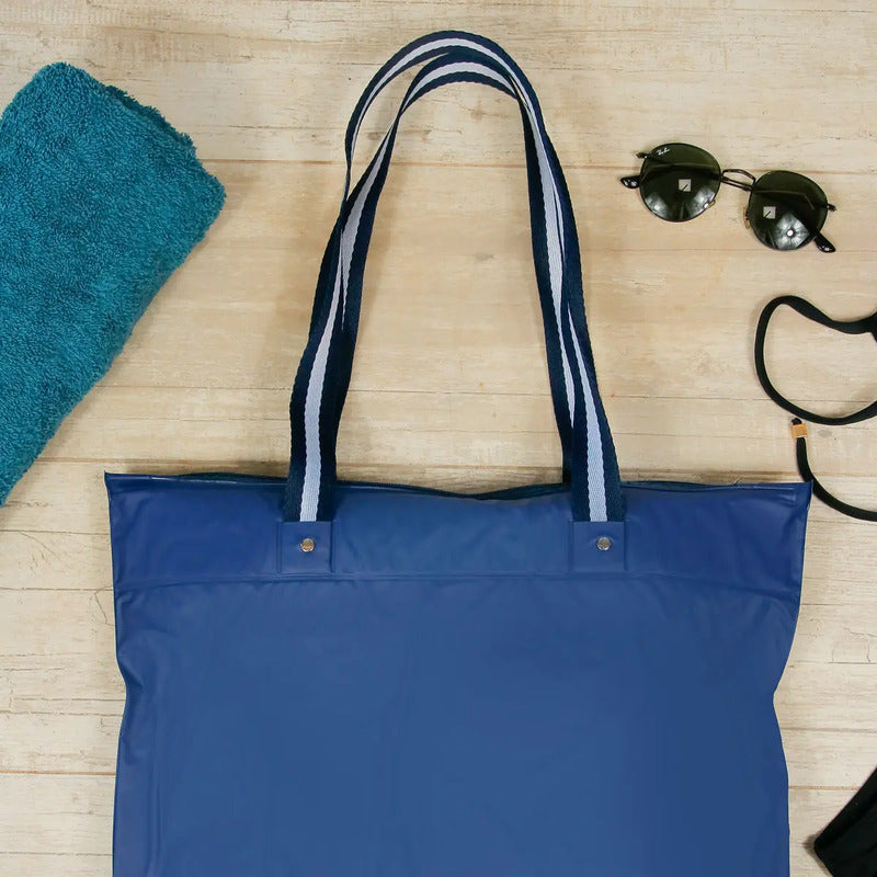 Bolsa Praia Impermeável Azul Com Zíper E Bolso Interno Pvc Dobrável Azul Listra Liso Padrão