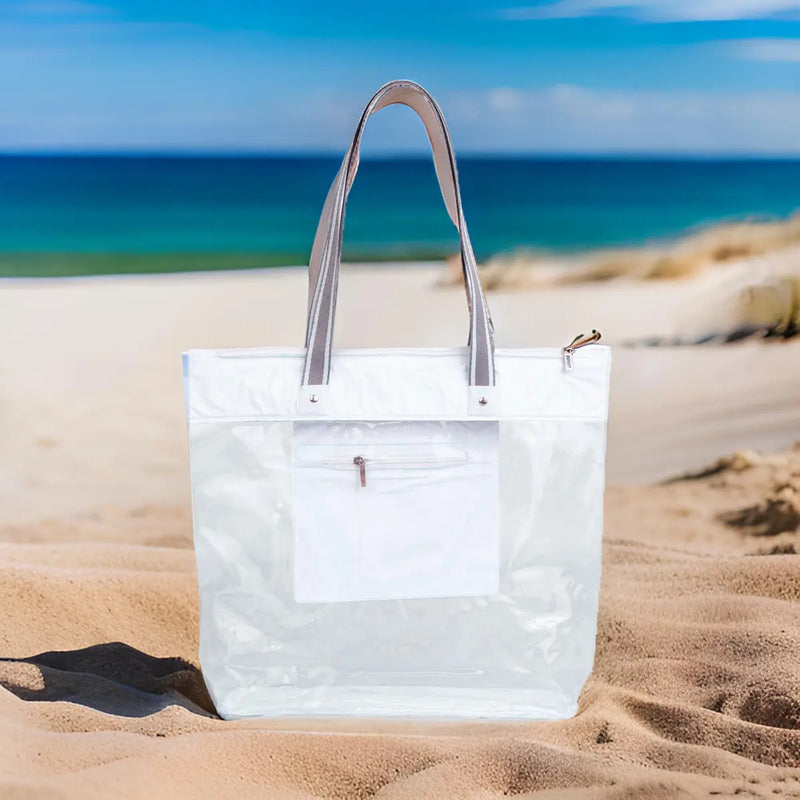 Bolsa Sacola De Praia Piscina Impermeável Transparente Zíper Cor Branco Listra Correia De Ombro Padrão Desenho Do Tecido Liso Níquel