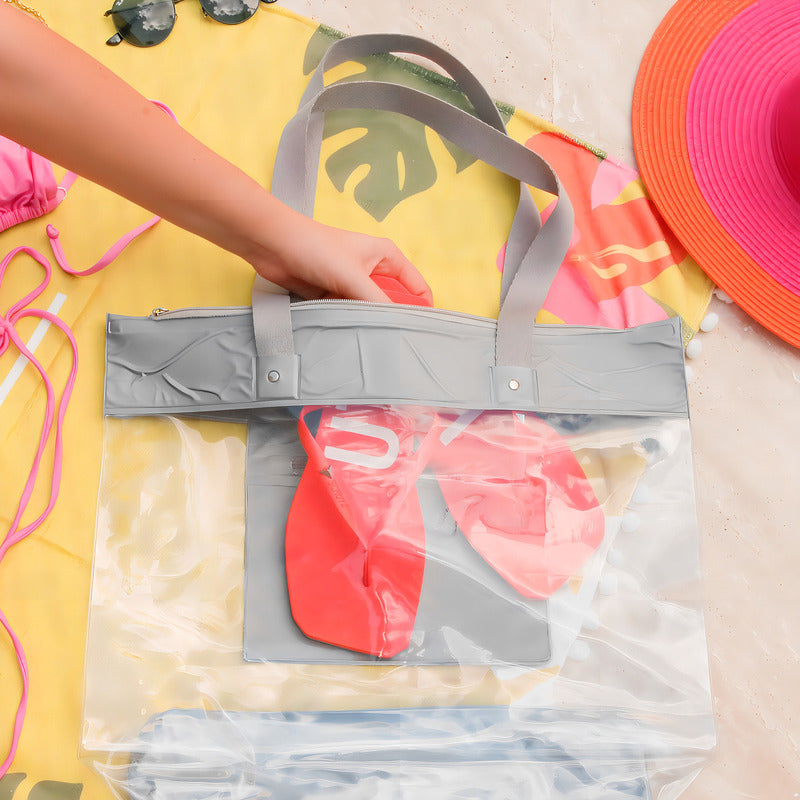 Bolsa Praia Impermeável Transparente Zíper Acambamento Cinza Liso Níquel Padrão