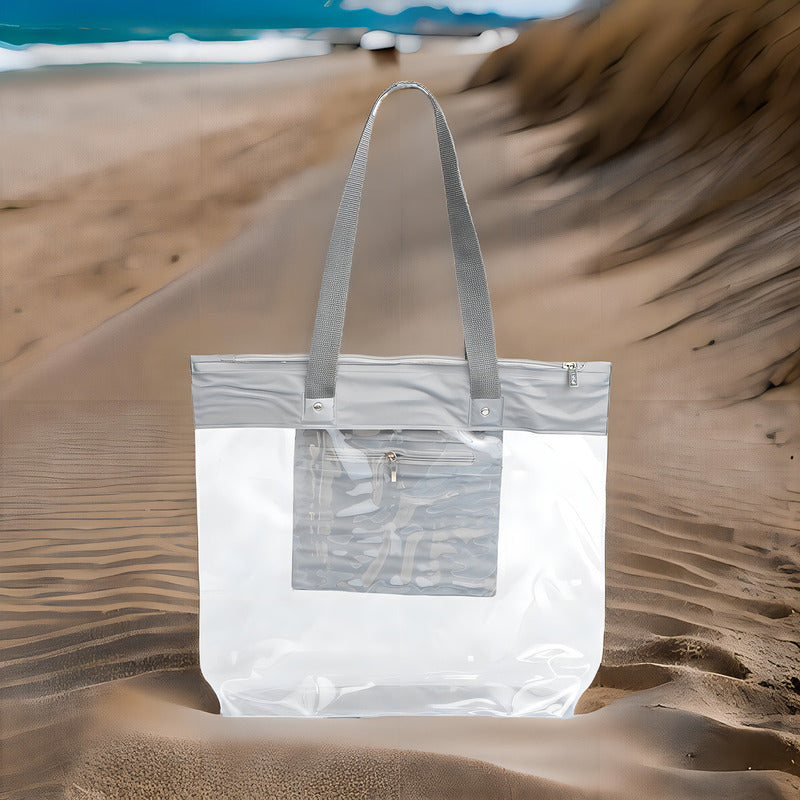 Bolsa Sacola De Praia Piscina Impermeável Transparente Zíper Acambamento Dos Ferragens Níquel Cor Cinza Correia De Ombro Padrão Desenho Do Tecido Liso