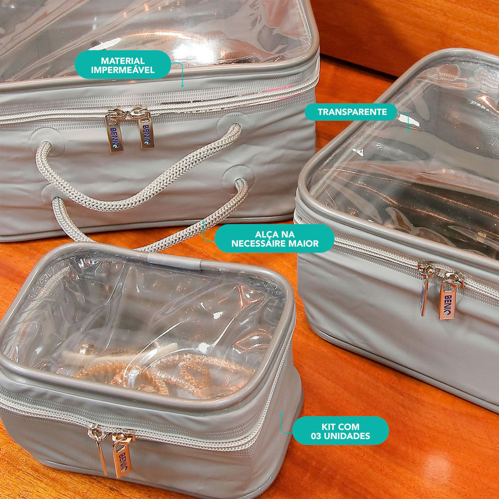 Kit 3 Necessaire Organizador Mala Viagem Maternidade Maquiagem Prática, tamanho compacto