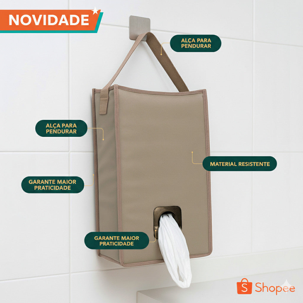 Puxa Saco Porta Sacolas Moderno De Pendurar Organizador De Sacos E Sacolas Premium - Caqui
