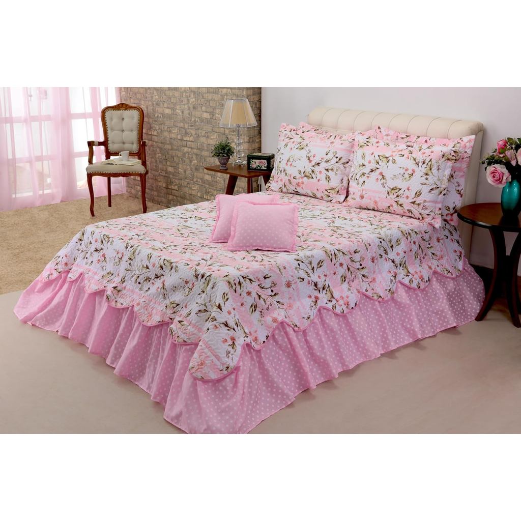 Kit 5 Pçs Cobre Leito Colcha Casal Queen Belize com Babados (Rosa Lírio)