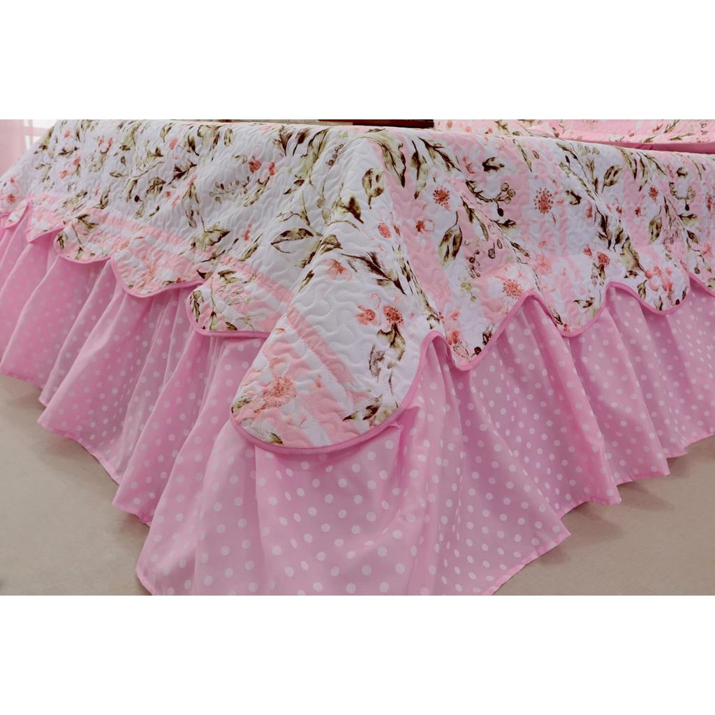 Kit 5 Pçs Cobre Leito Colcha Casal Queen Belize com Babados (Rosa Lírio)
