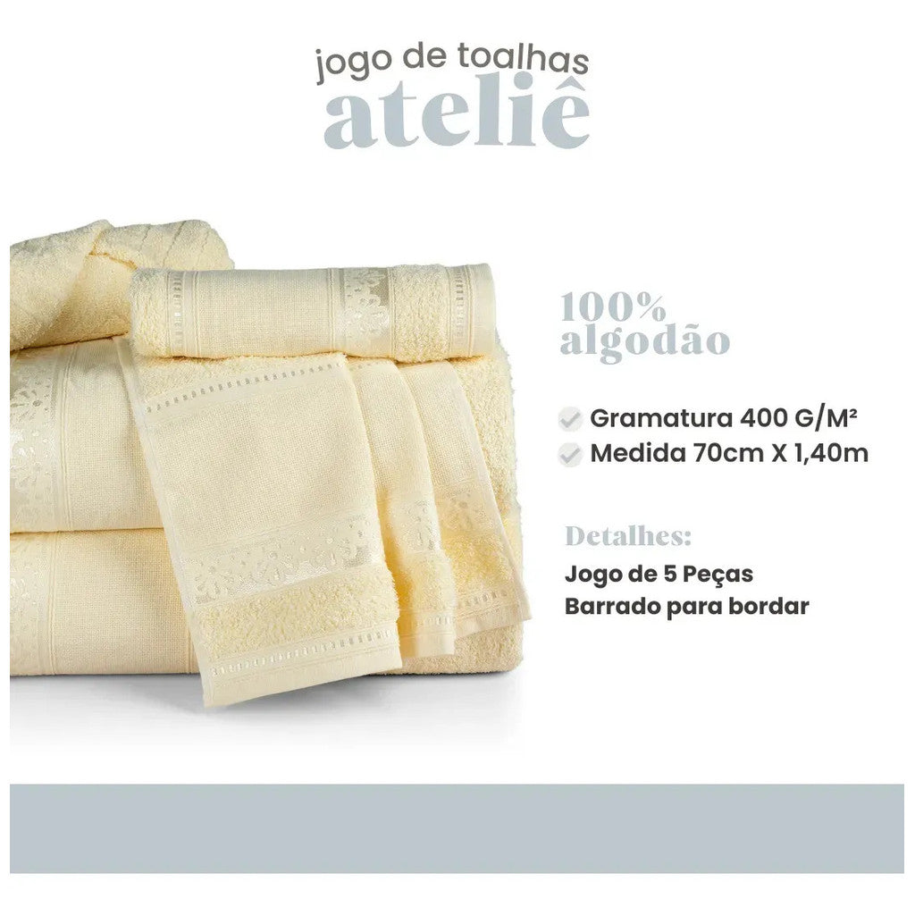 Jogo De Toalhas 5 Pçs Ateliê Para Bordar 100% Algodão Banho Rosa Pétala Lisa