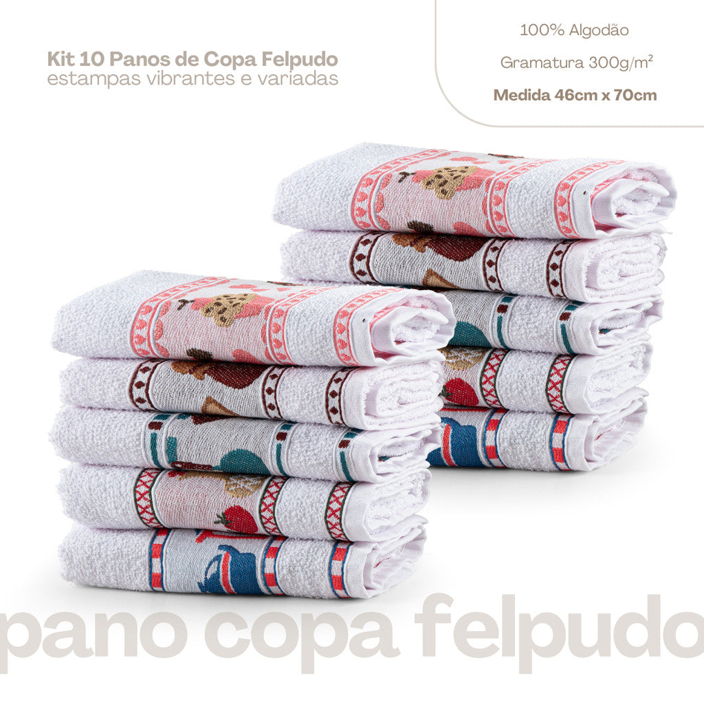 Kit 10 Pçs Pano de Copa Prato para Cozinha Felpudo com Barrado Estampado Sortido 100% Algodão e Gramatura 300g/m²