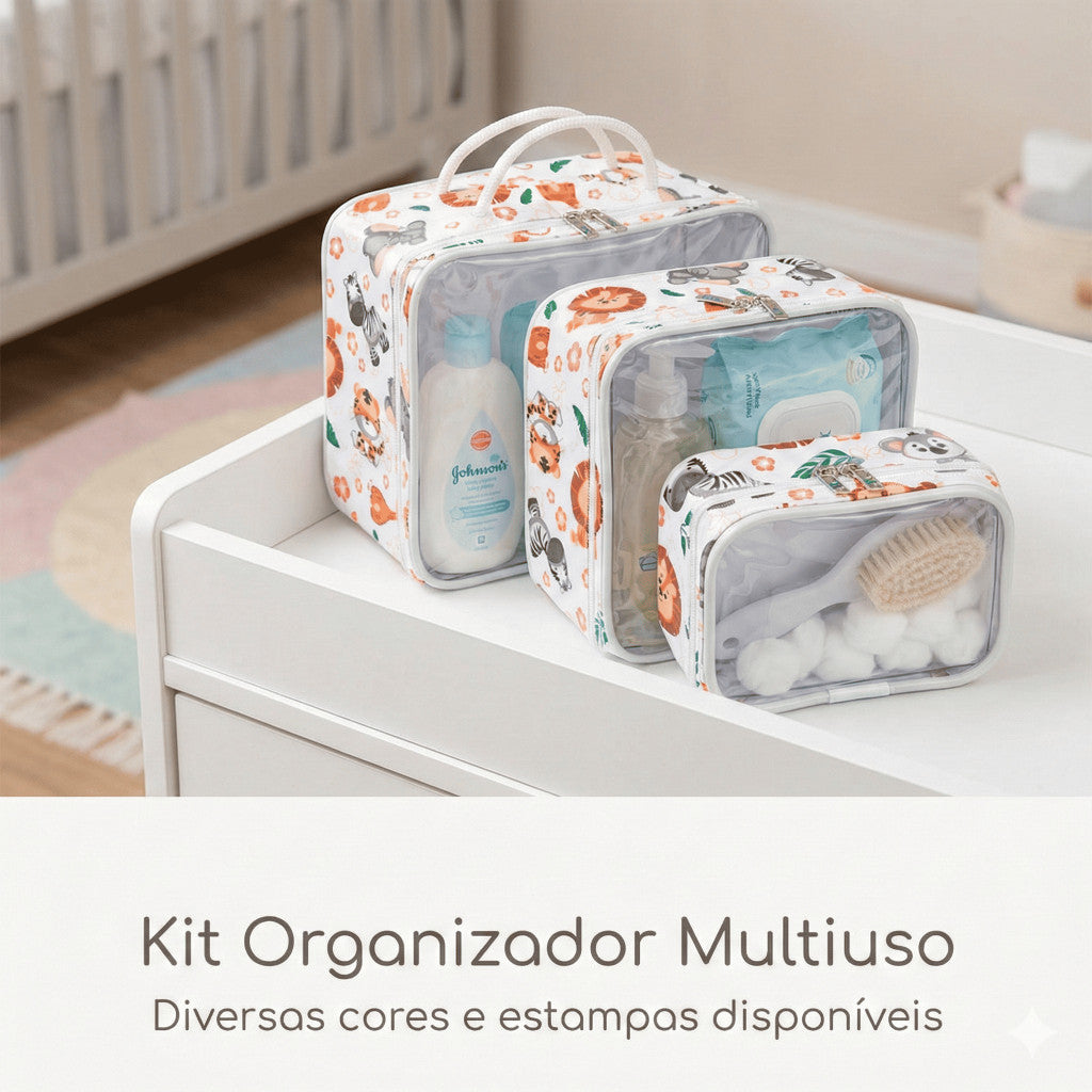 Kit Necessaire Organizador Mala Viagem Maternidade Maquiagem Lisa e Estampada - 3 Peças