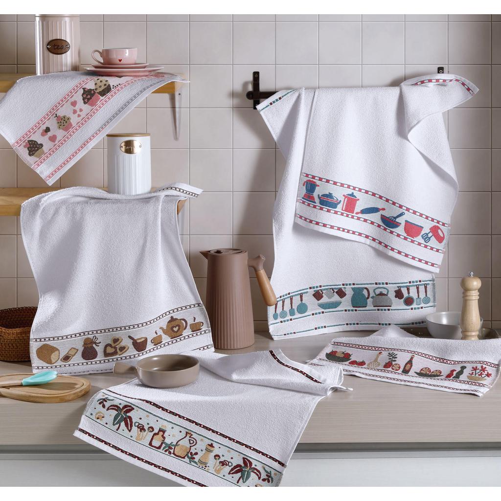 Kit 5 Pçs Pano de Copa Prato para Cozinha Felpudo com Barrado Estampado Sortido 46cm x 70cm Gramatura 300g/m²