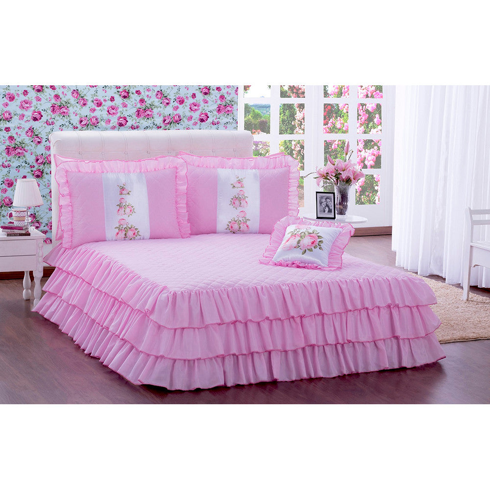 Kit 4 Pçs Cobre Leito Colcha Casal Padrão Sofia com Babados Rosa