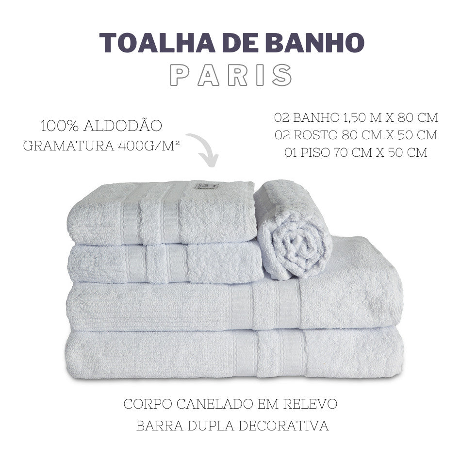 Jogo de Toalha Completo 5 Pçs de Banho, Rosto e Piso Paris Branco