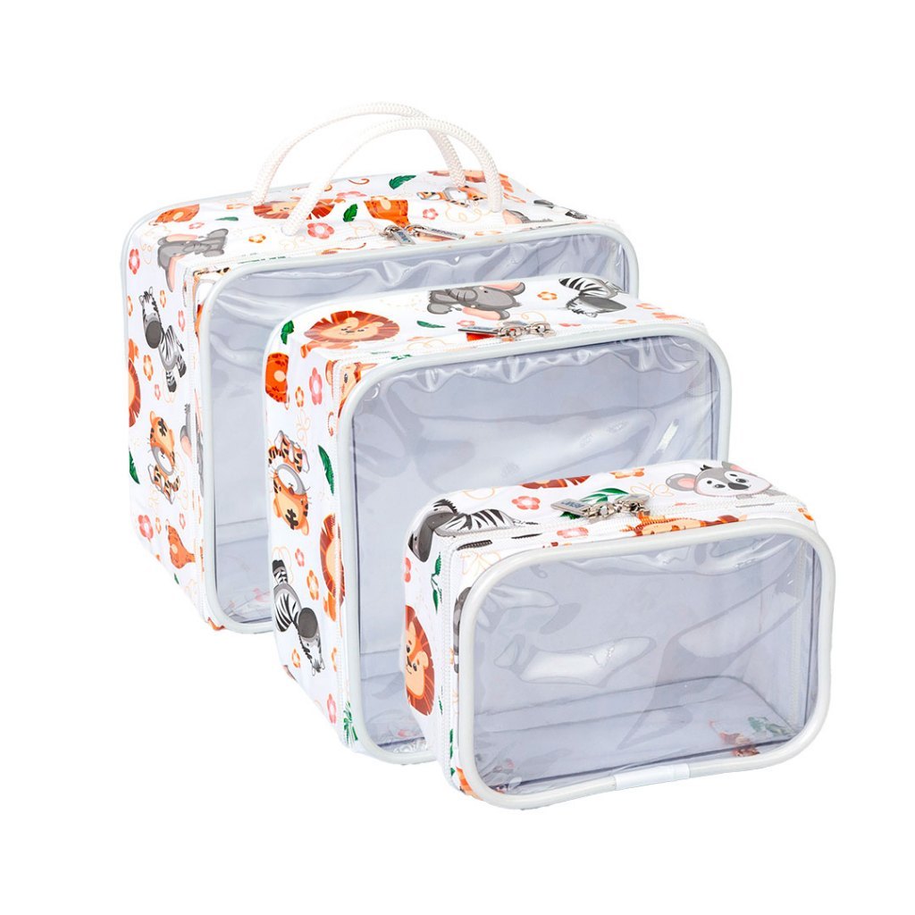 Kit Necessaire Organizador Mala Viagem Maternidade Maquiagem Lisa e Estampada - 3 Peças